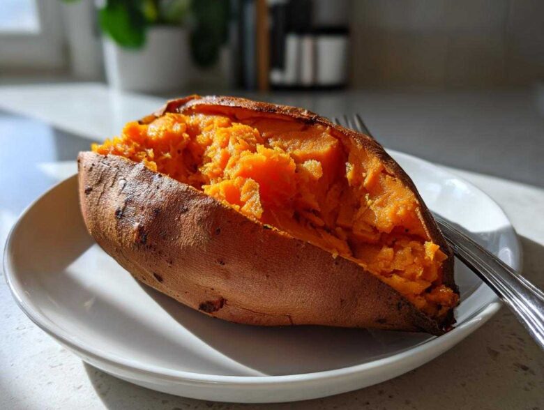 A close-up of a perfectly baked sweet potato split open, showing its bright orange, fluffy interior, resting on a white plate.