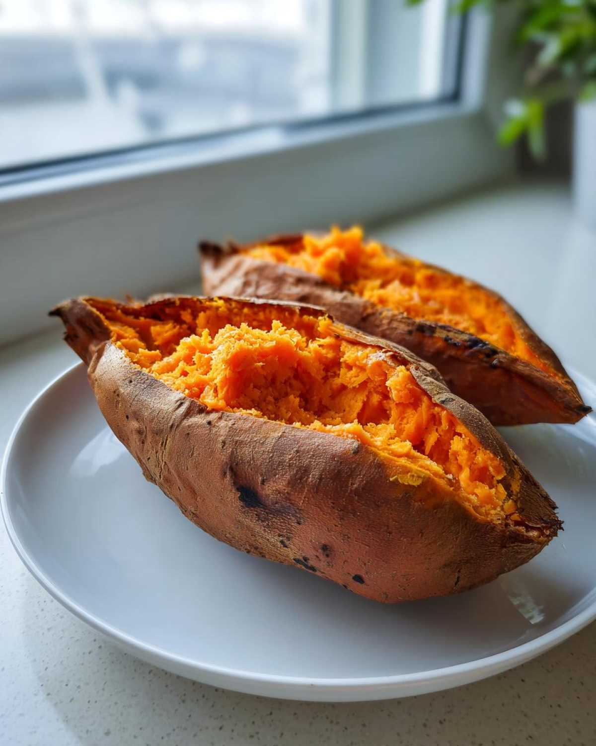 Two perfectly baked sweet potato halves showing their bright orange, fluffy interior on a white plate.