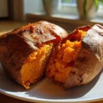 Two fluffy baked sweet potatoes split open on a white plate, showing the bright orange interior seasoned with spices.