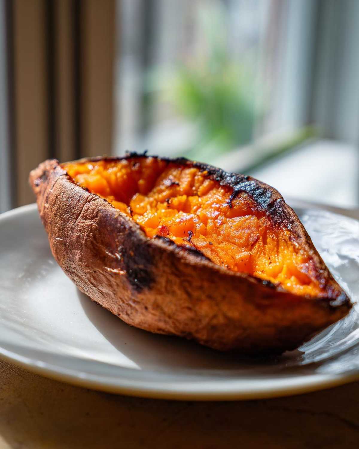 A perfectly fluffy baked sweet potatoes, split open to show the bright orange interior, resting on a white plate.
