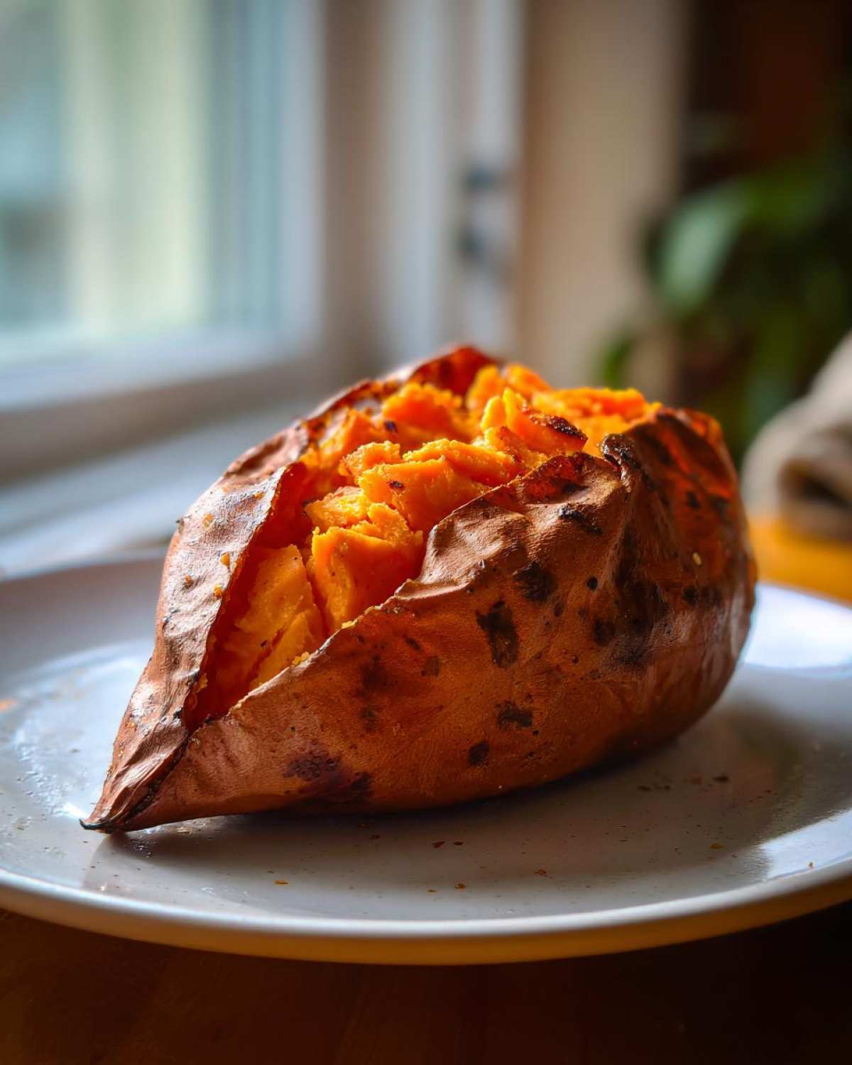 A single, perfectly baked sweet potatoes split open to show the fluffy orange interior.