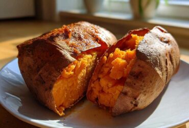 Two fluffy baked sweet potatoes split open on a white plate, showing the bright orange interior seasoned with spices.