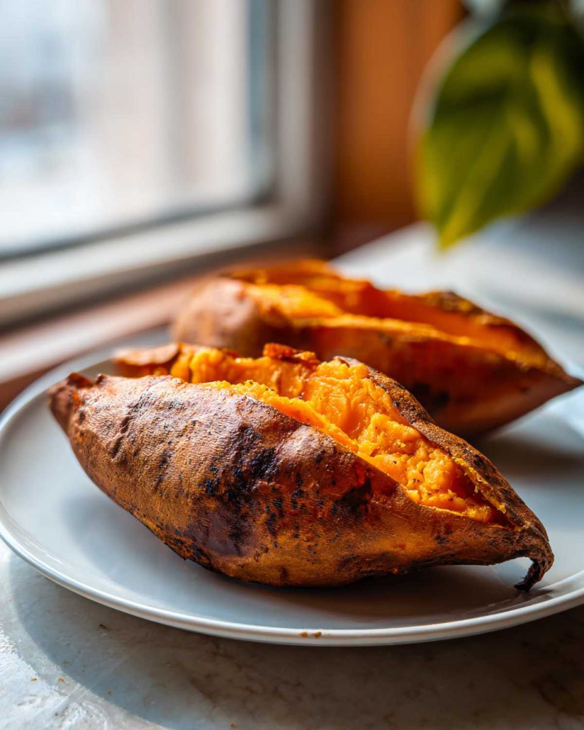 Close-up of two perfectly baked sweet potatoes, split open to show the fluffy orange interior.