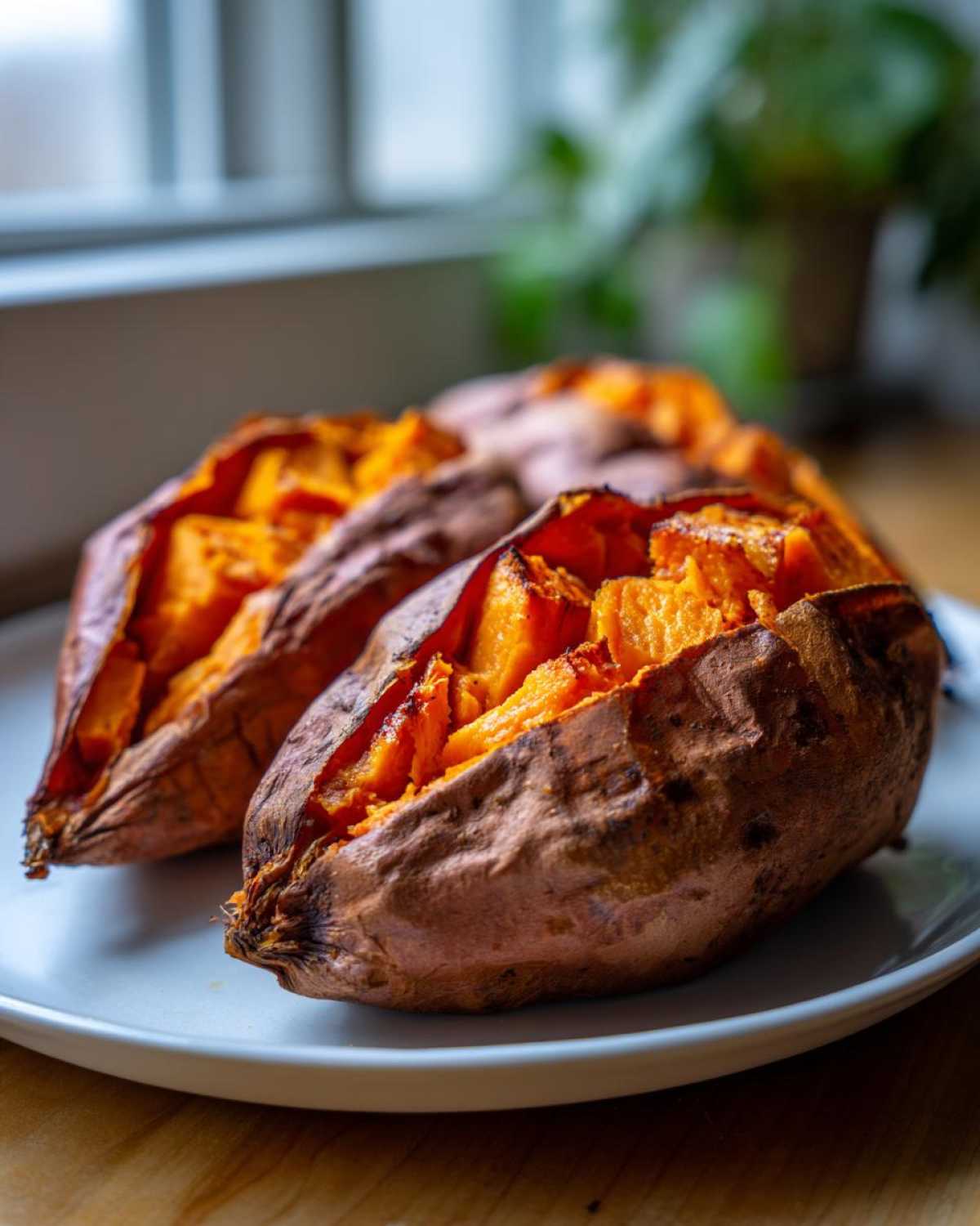 Two perfectly fluffy baked sweet potatoes split open on a white plate, showing bright orange flesh.