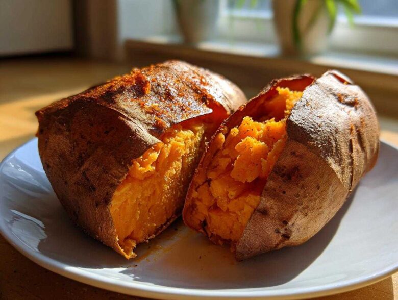 Two fluffy baked sweet potatoes split open on a white plate, showing the bright orange interior seasoned with spices.