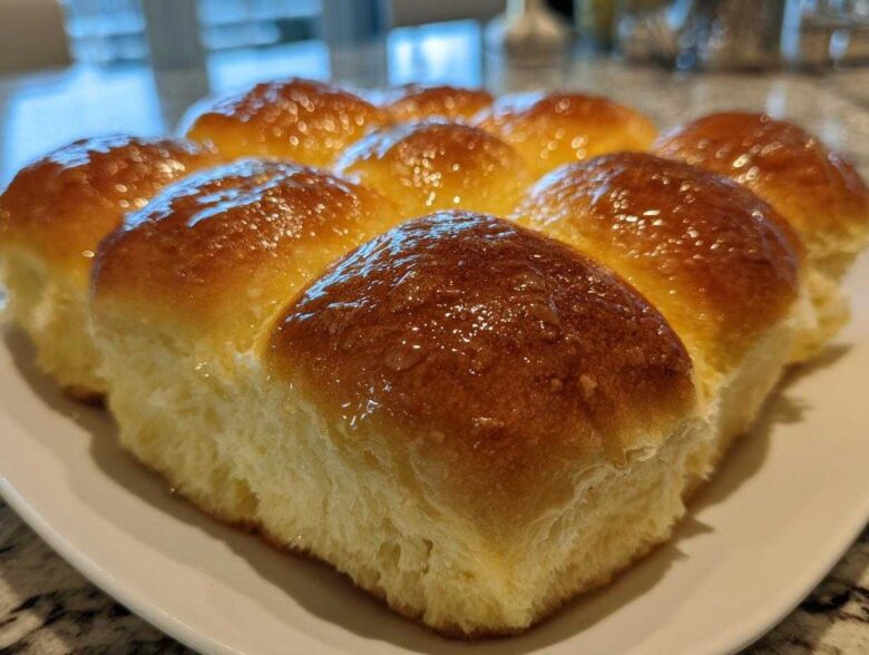 Close-up of a batch of golden brown, glossy dinner rolls brushed with butter.