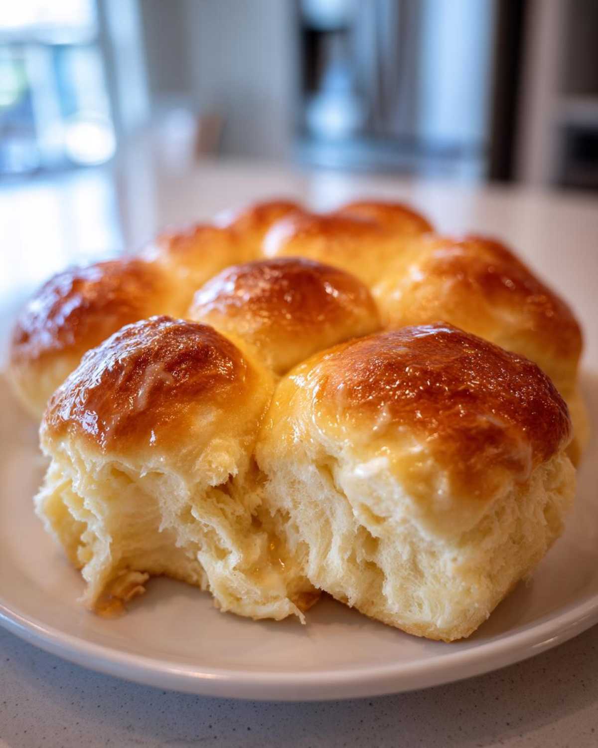 A cluster of golden-brown, buttery dinner rolls on a white plate, one roll pulled apart showing the soft interior.