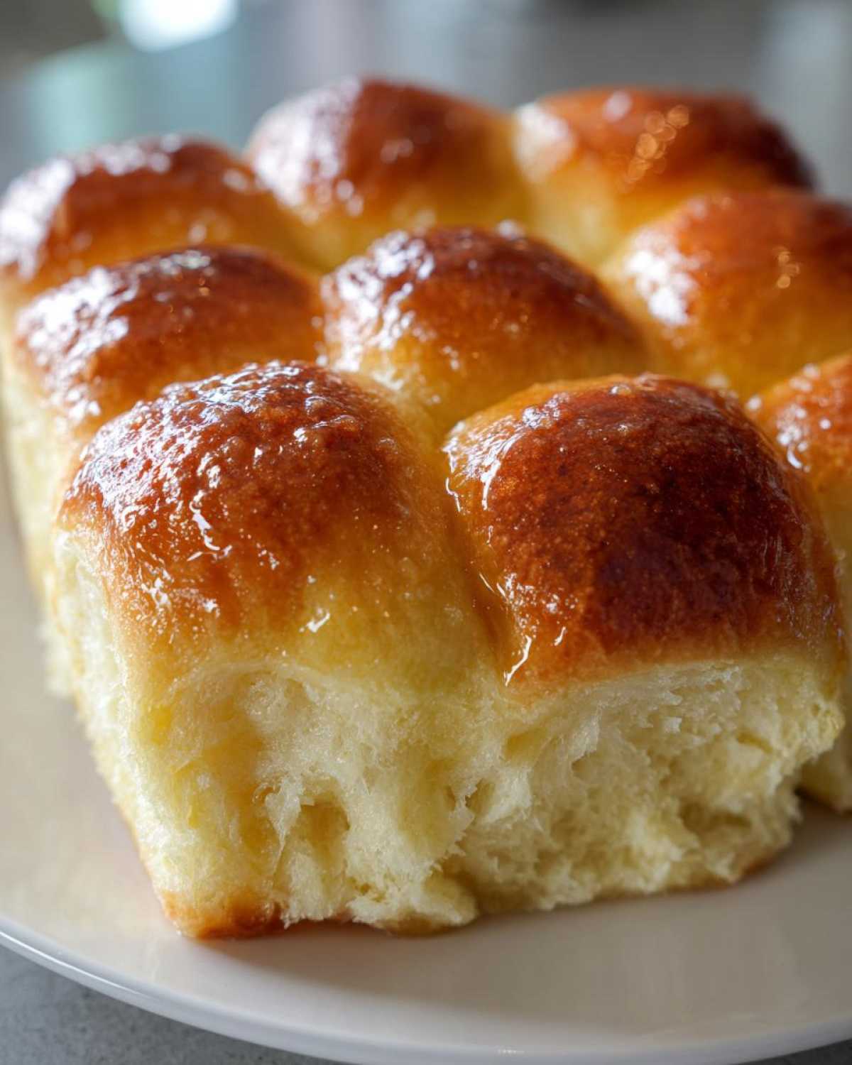 Close-up of a pan of freshly baked, fluffy dinner rolls with a shiny, buttery glaze.