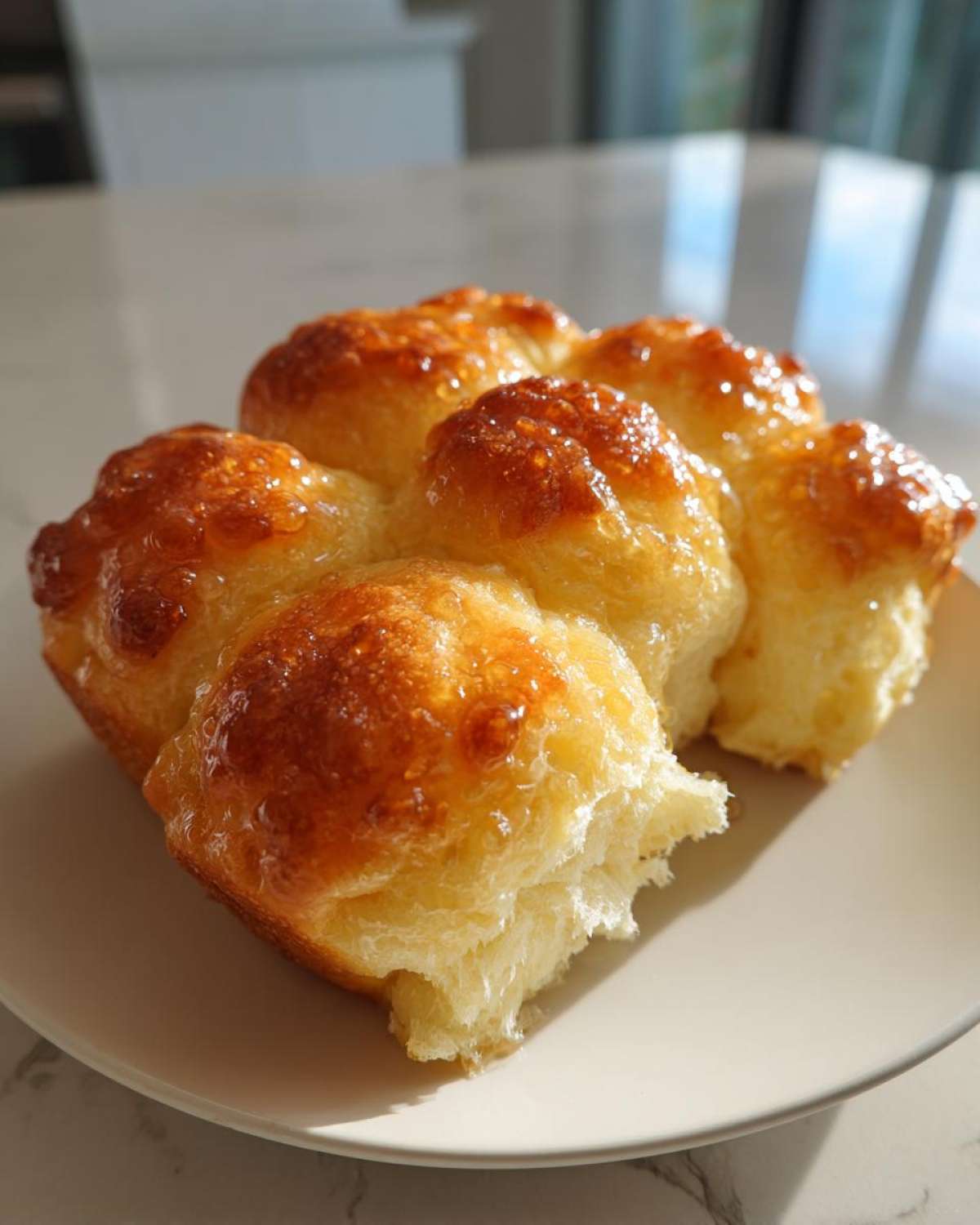 Close-up of several fluffy, golden-brown dinner rolls baked together and brushed with a shiny, buttery glaze.