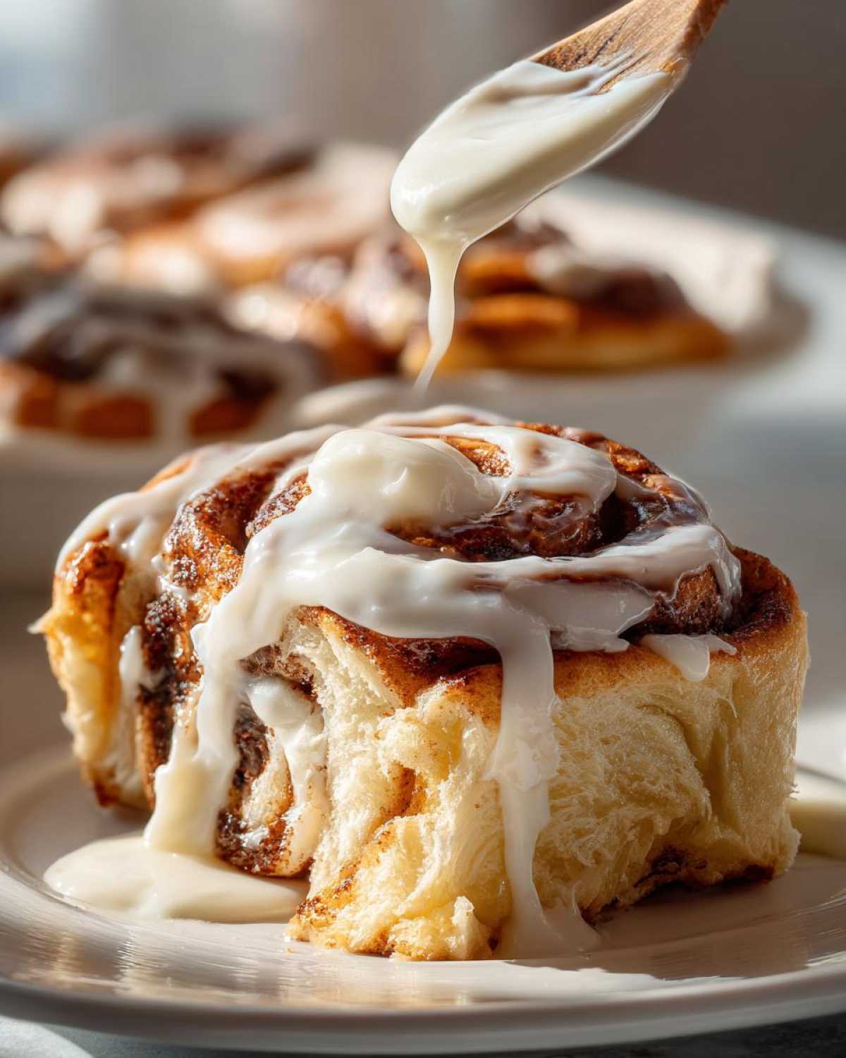 A close-up shot of a fluffy, freshly baked cinnamon roll being drizzled with thick white icing from a wooden spoon.