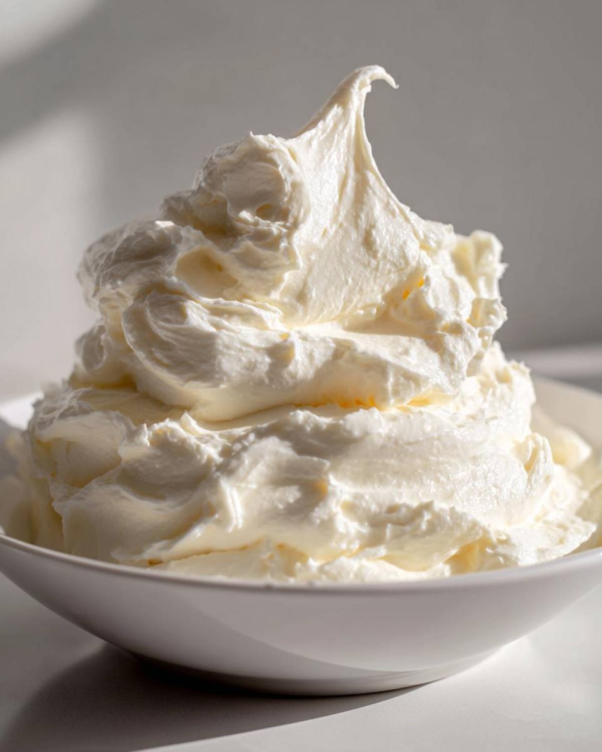 A close-up of freshly whipped, fluffy cream cheese frosting piled high in a white bowl.