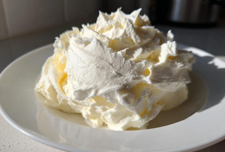 A large, fluffy swirl of homemade cream cheese frosting piled high on a white plate, ready for use.