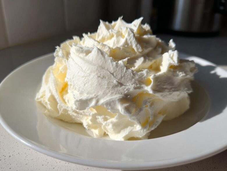 A large, fluffy swirl of homemade cream cheese frosting piled high on a white plate, ready for use.