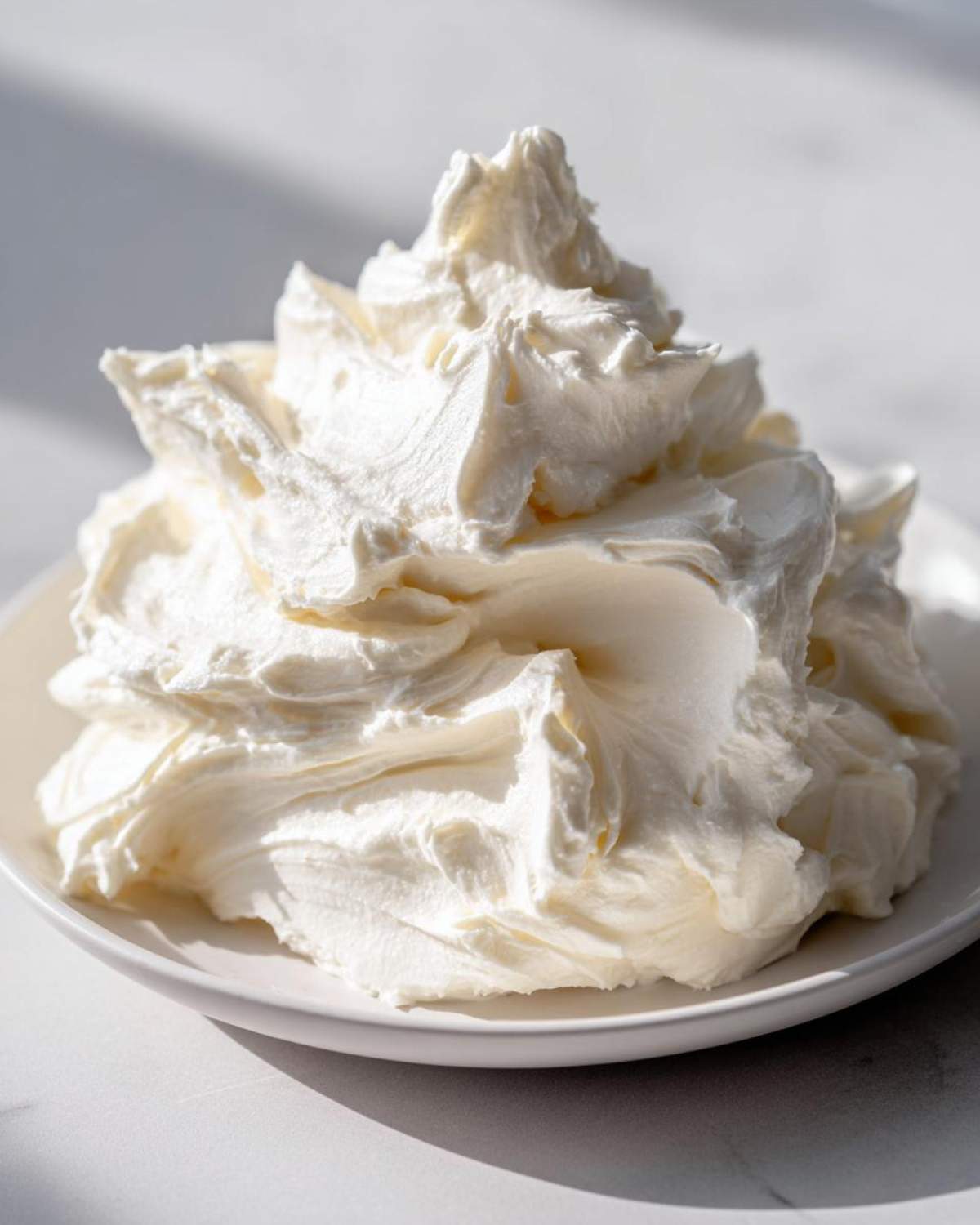 A generous, fluffy mound of bright white cream cheese frosting piled high on a small white plate.