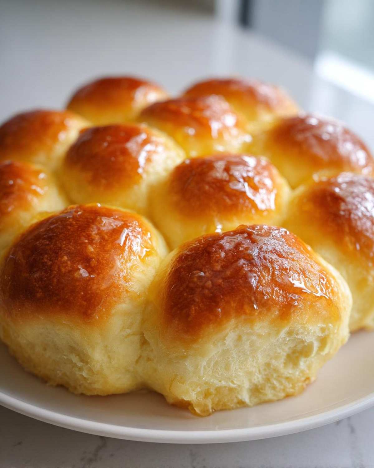 A cluster of freshly baked, golden brown dinner rolls topped with a shiny, buttery glaze.