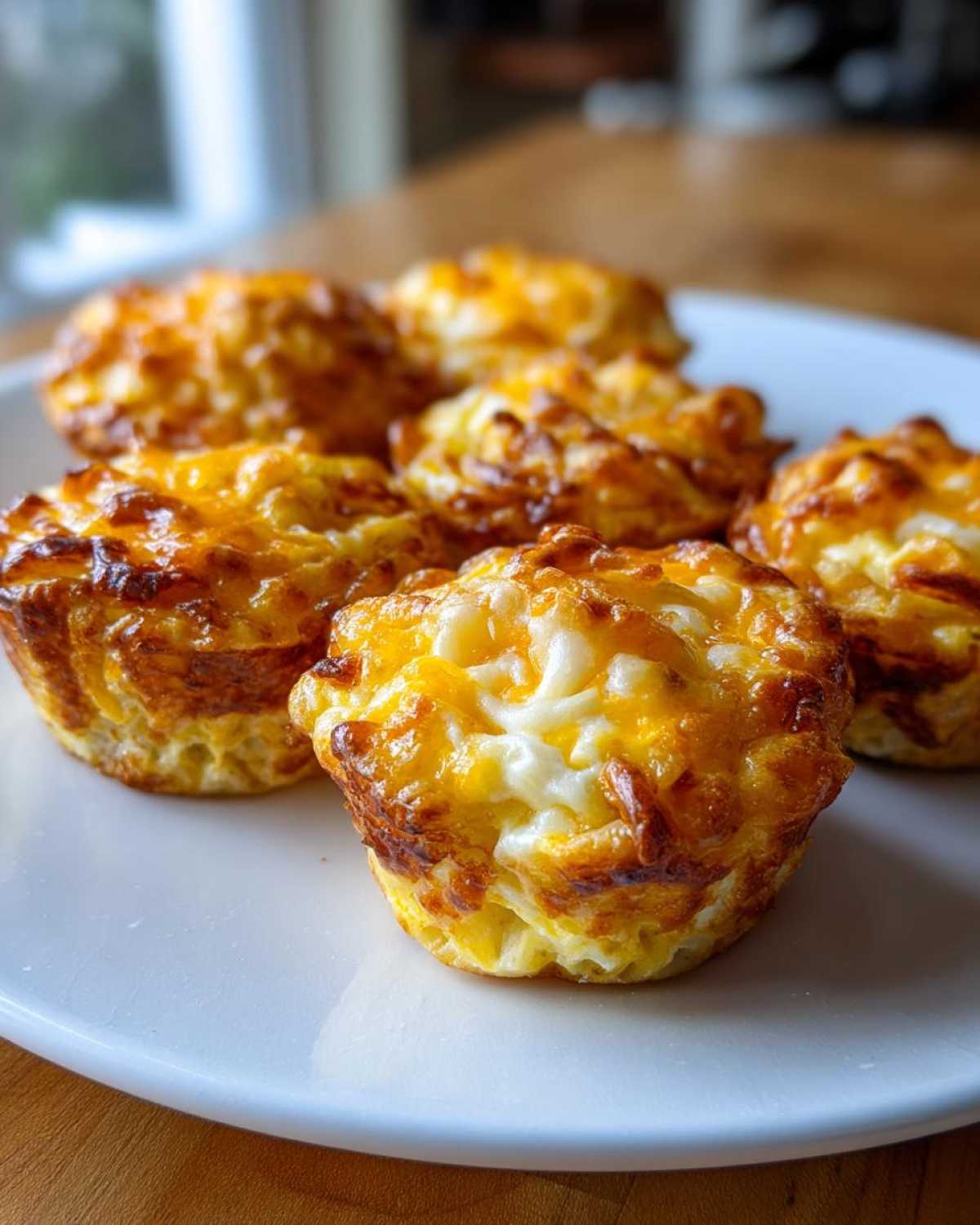 Close-up of several fluffy egg bites topped with melted, golden-brown cheese on a white plate.