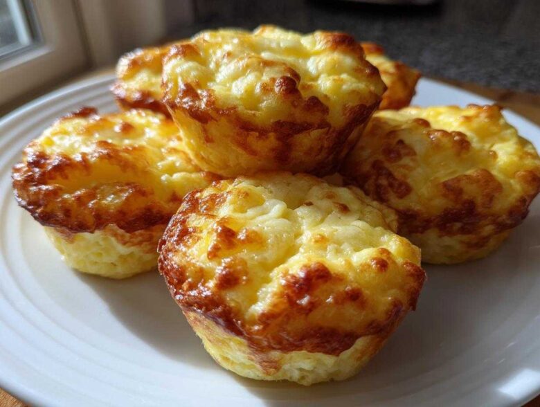 A stack of five golden-brown, fluffy egg bites served on a white plate, ready for breakfast.