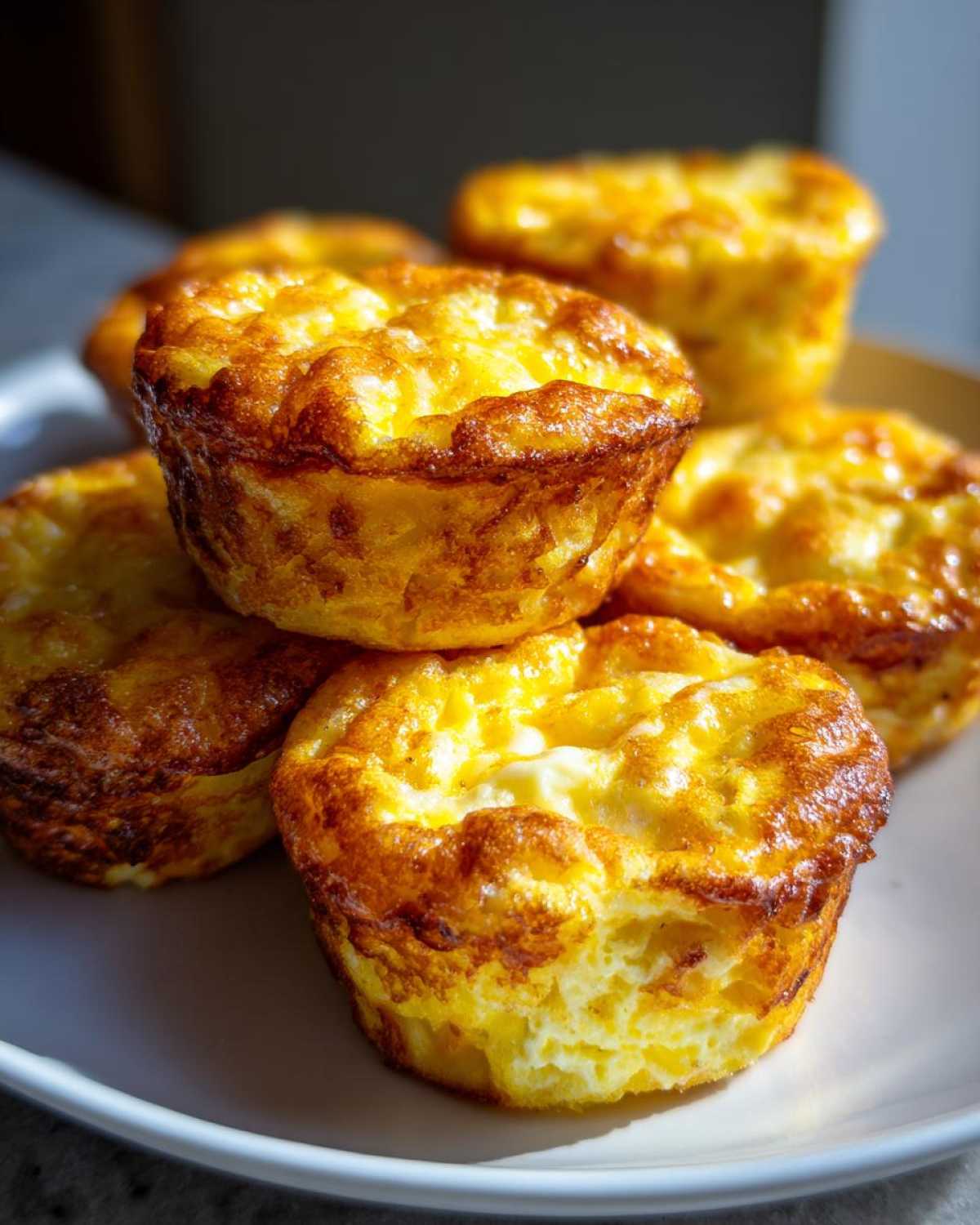 A close-up of several fluffy, golden brown egg bites stacked on a white plate, perfect for a protein start.