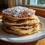 A tall stack of fluffy greek yogurt pancakes dusted generously with powdered sugar on a white plate.