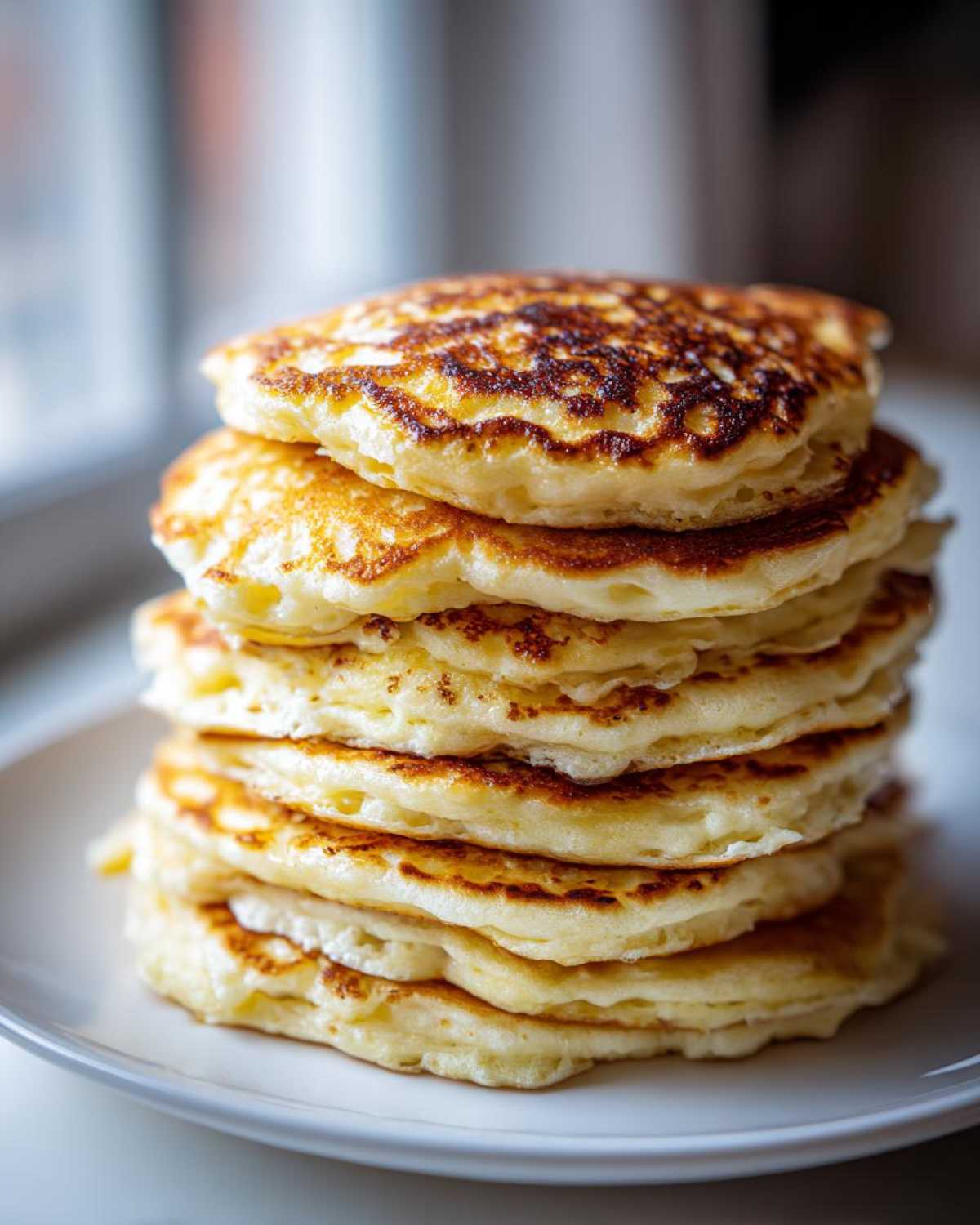 A tall stack of fluffy greek yogurt pancakes with golden-brown, slightly charred tops on a white plate.