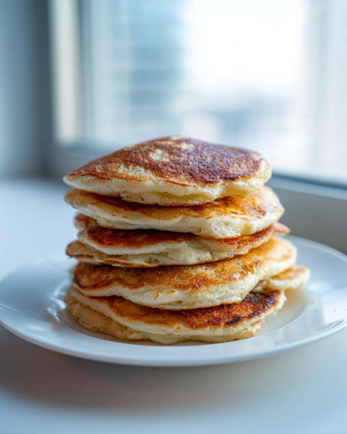 A tall stack of five fluffy greek yogurt pancakes with golden-brown edges served on a white plate.