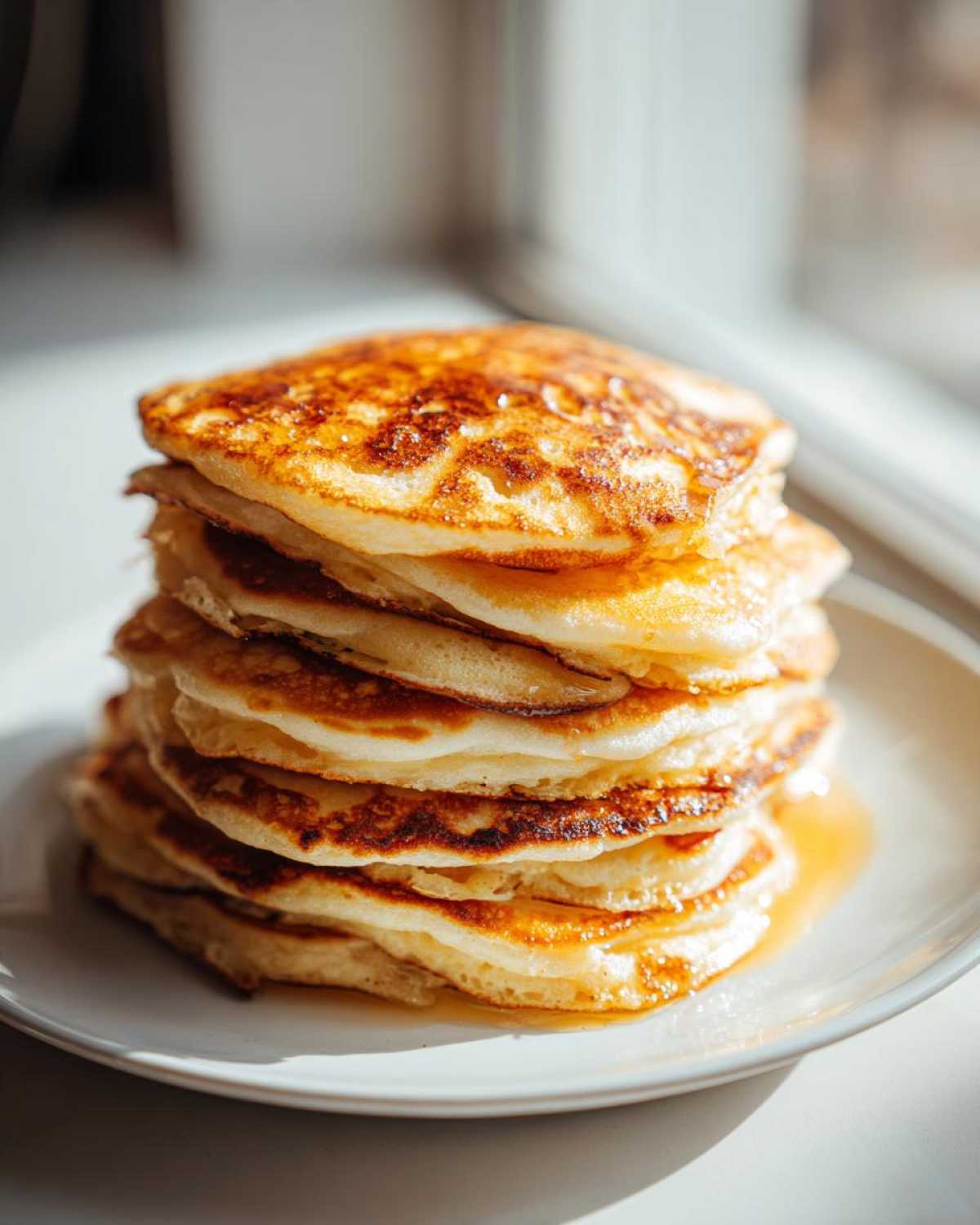 A tall stack of fluffy greek yogurt pancakes drizzled with syrup, sitting on a white plate near a window.