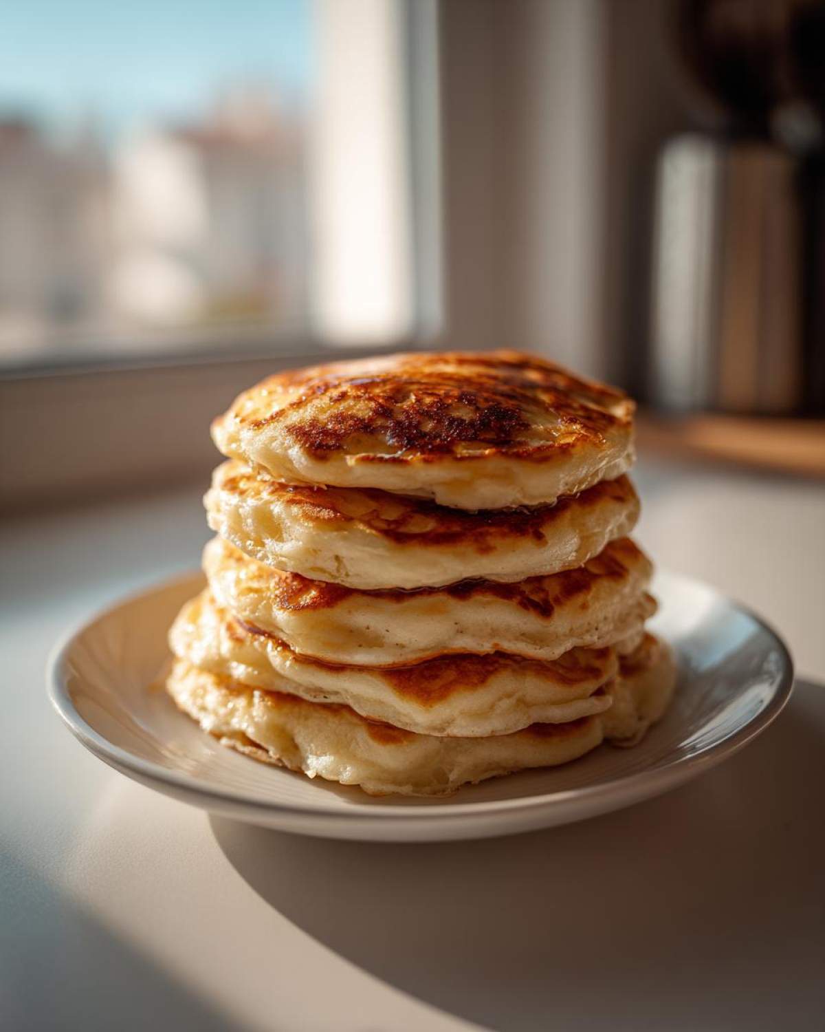 A tall stack of five fluffy greek yogurt pancakes with golden-brown edges on a small white plate.
