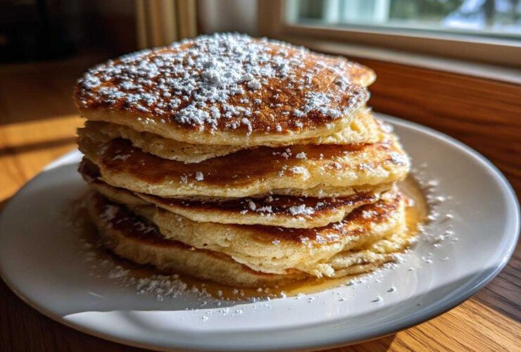 A tall stack of fluffy greek yogurt pancakes dusted generously with powdered sugar on a white plate.