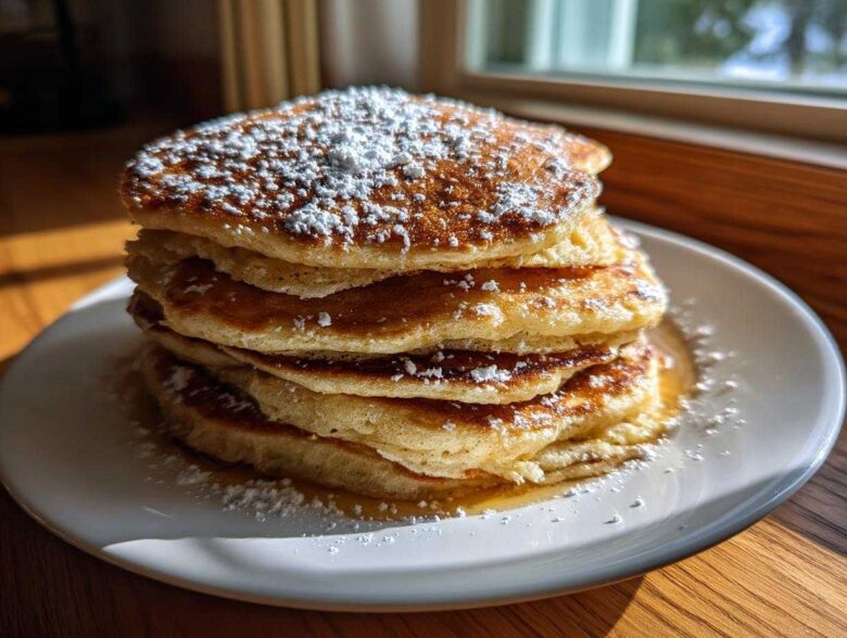 A tall stack of fluffy greek yogurt pancakes dusted generously with powdered sugar on a white plate.