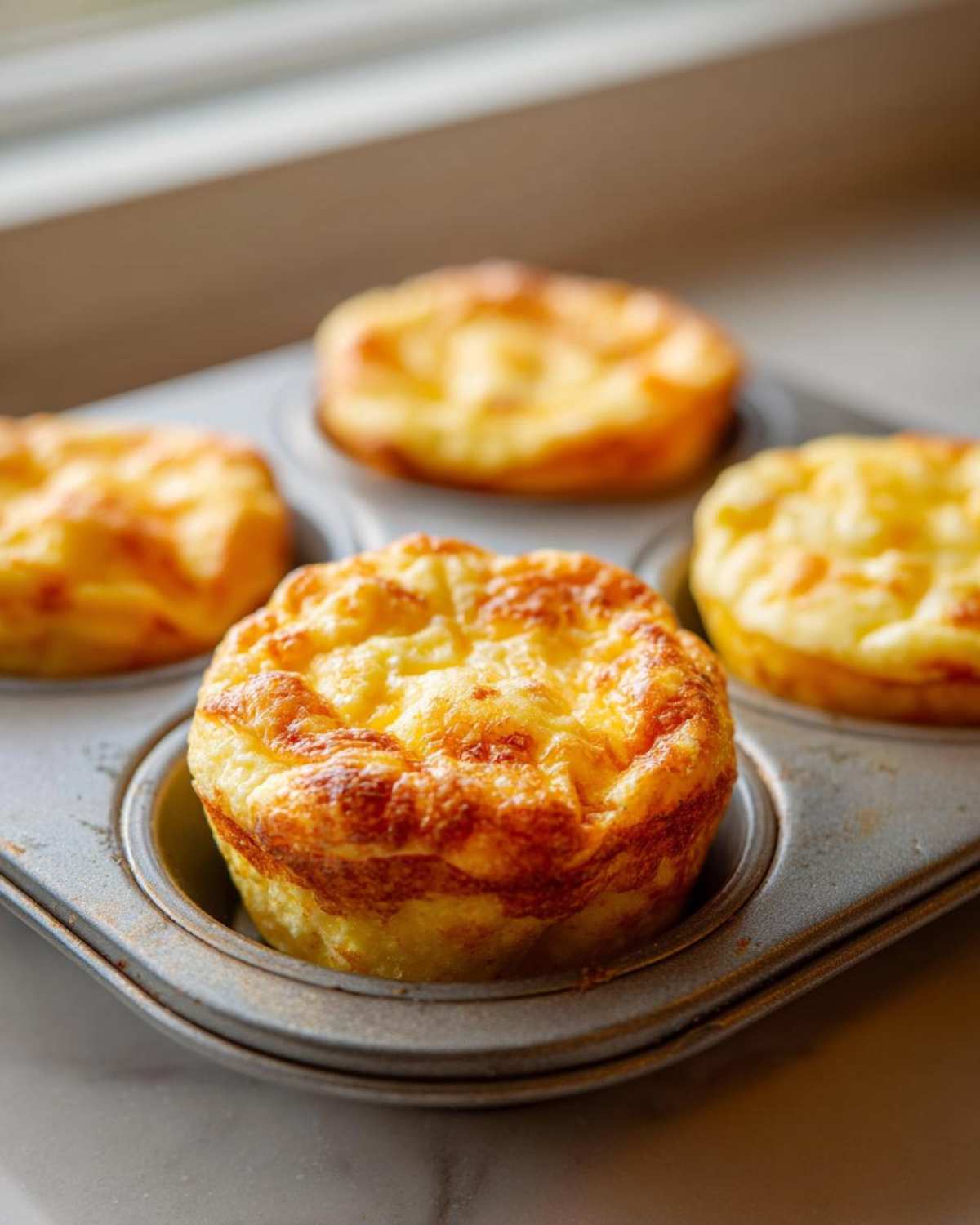 Four golden-brown, fluffy muffin tin egg bites resting inside a metal baking tin.