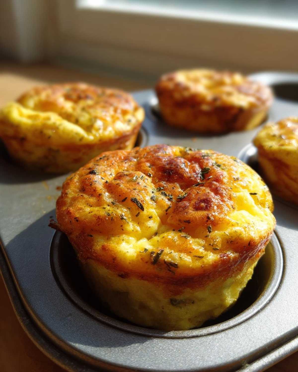 Close-up of fluffy, golden-brown muffin tin egg bites seasoned with herbs, still resting in the baking tray.