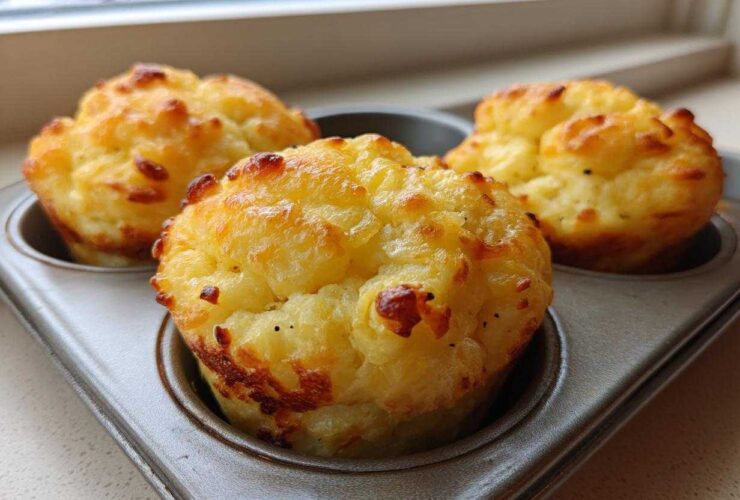 Three golden brown, fluffy muffin tin egg bites sitting in a metal muffin pan near a window.