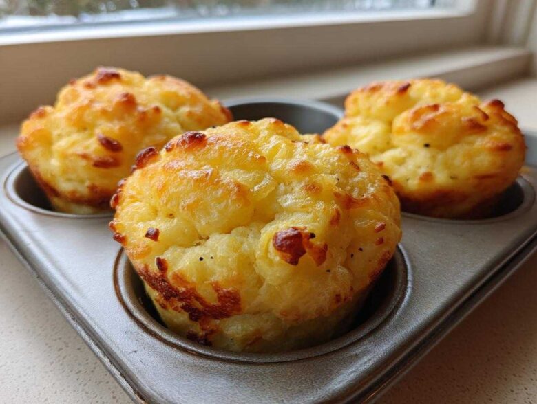 Three golden brown, fluffy muffin tin egg bites sitting in a metal muffin pan near a window.