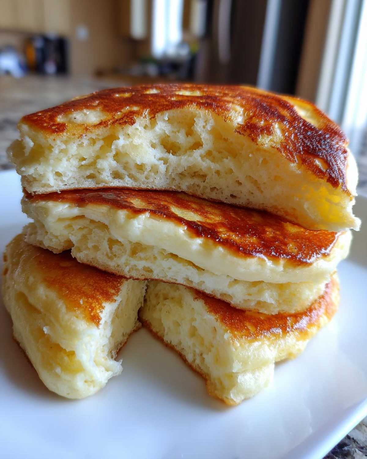 Close-up of fluffy pancakes cut in half, showing the airy, thick interior texture.