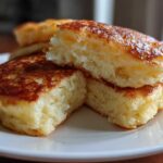Close-up of fluffy pancakes cut in half, showing the airy interior texture and golden-brown crust.