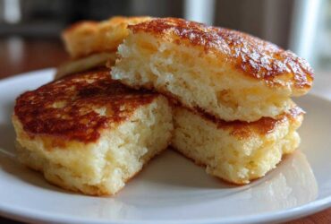 Close-up of fluffy pancakes cut in half, showing the airy interior texture and golden-brown crust.