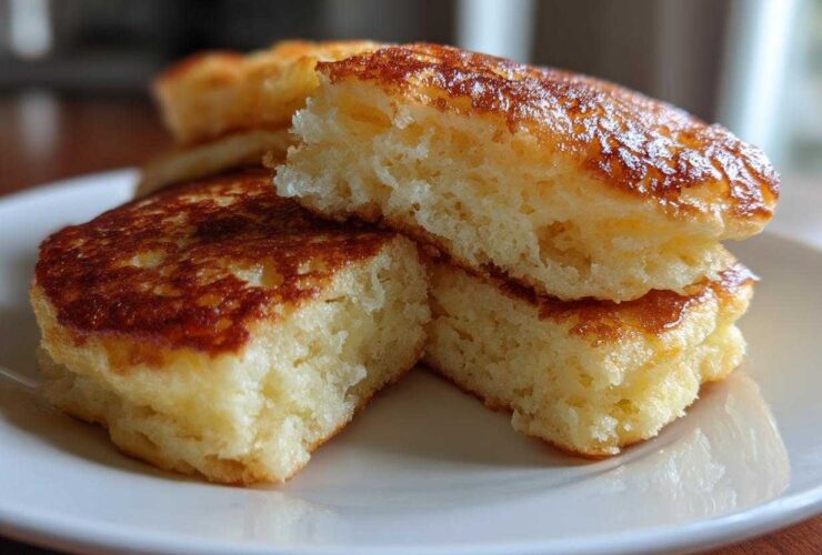 Close-up of fluffy pancakes cut in half, showing the airy interior texture and golden-brown crust.
