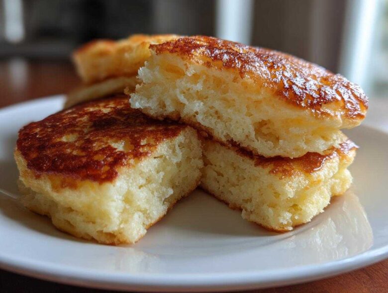 Close-up of fluffy pancakes cut in half, showing the airy interior texture and golden-brown crust.