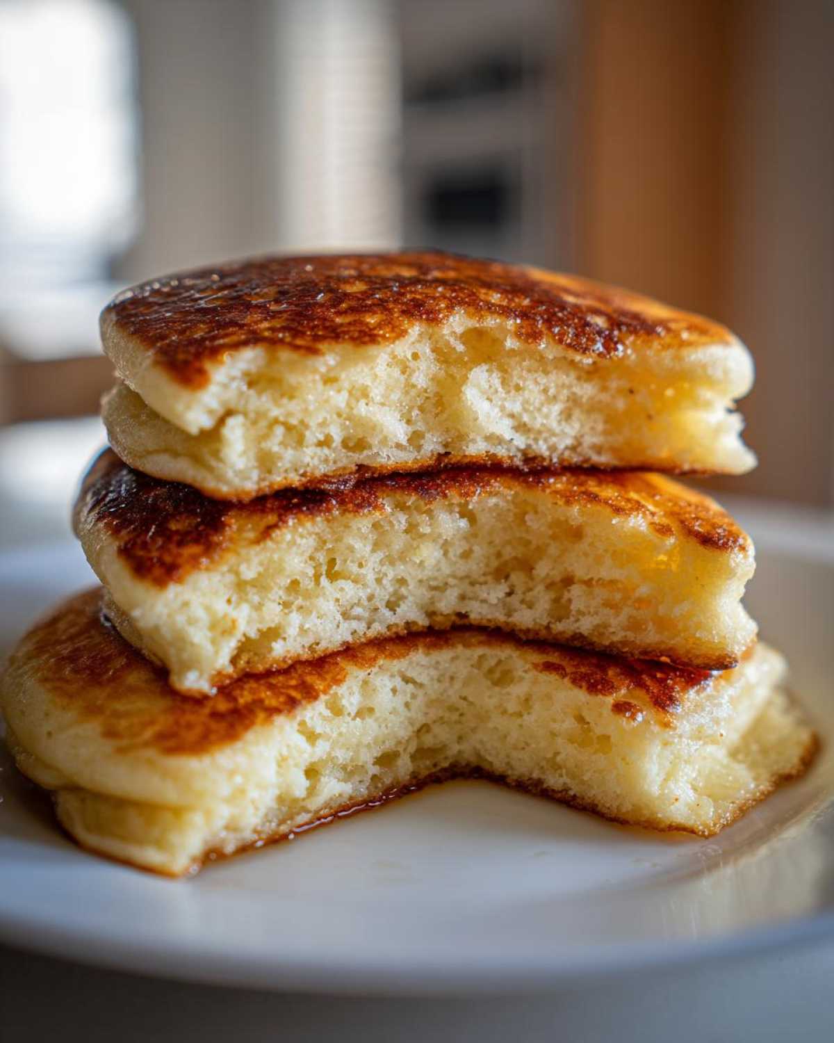 Close-up of three stacked, fluffy pancakes cut in half to show the airy interior texture.