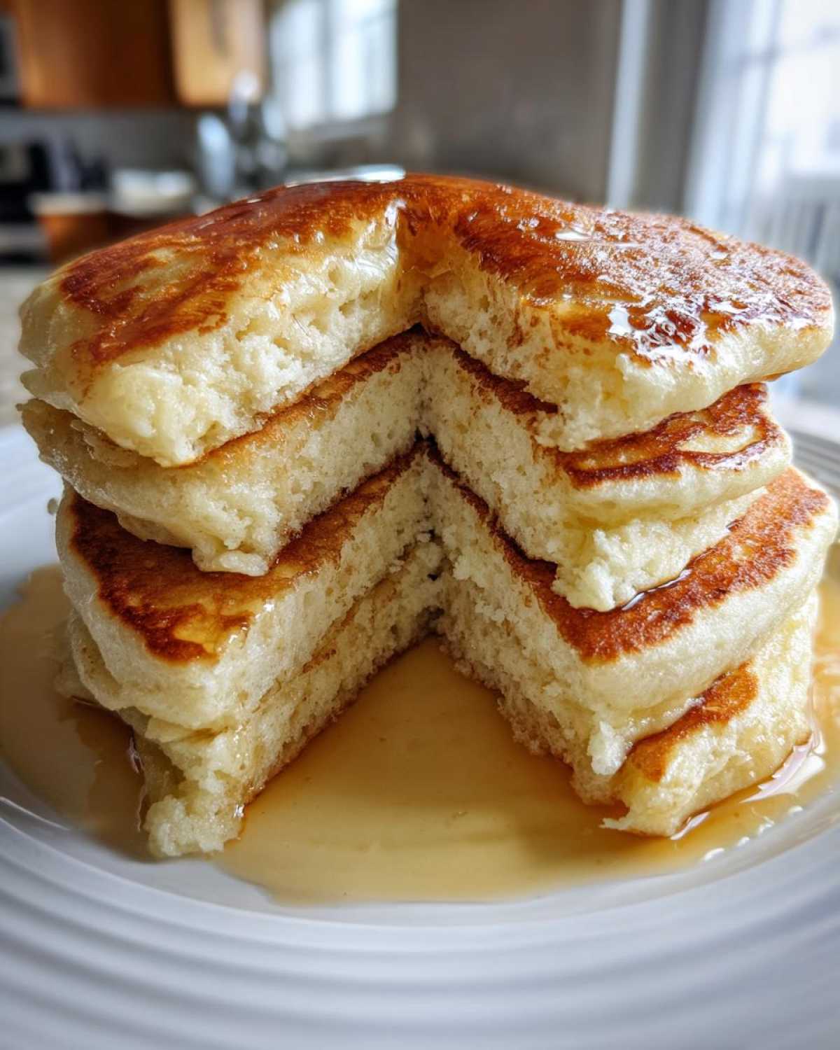 A tall stack of incredibly fluffy pancakes, cut to show the airy interior, drizzled generously with maple syrup.
