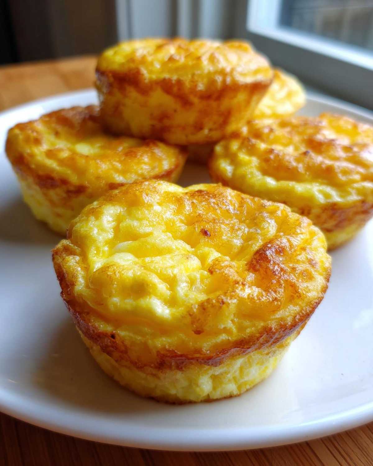 Close-up of several fluffy, golden-brown egg bites stacked on a white plate, ready for breakfast.