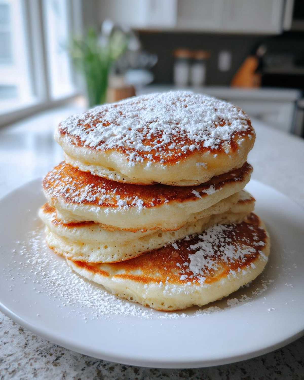 A tall stack of four fluffy sourdough pancakes dusted generously with powdered sugar on a white plate.
