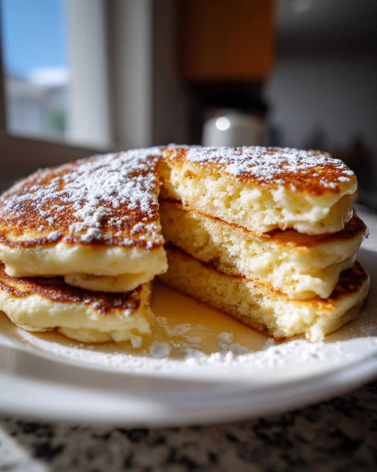 A stack of thick, fluffy sourdough pancakes dusted with powdered sugar, with a slice cut out showing the airy interior.