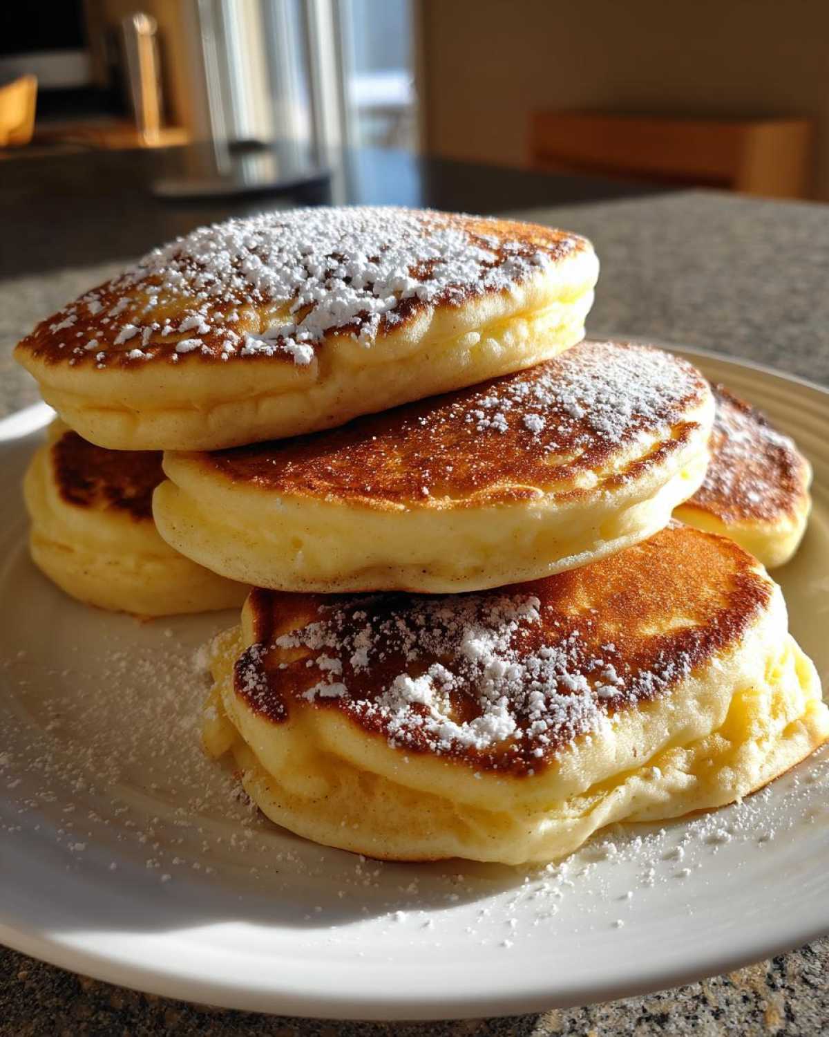 A tall stack of thick, fluffy sourdough pancakes dusted generously with powdered sugar, served on a white plate.