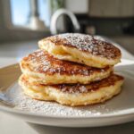 A stack of three thick, fluffy sourdough pancakes dusted generously with powdered sugar on a white plate.