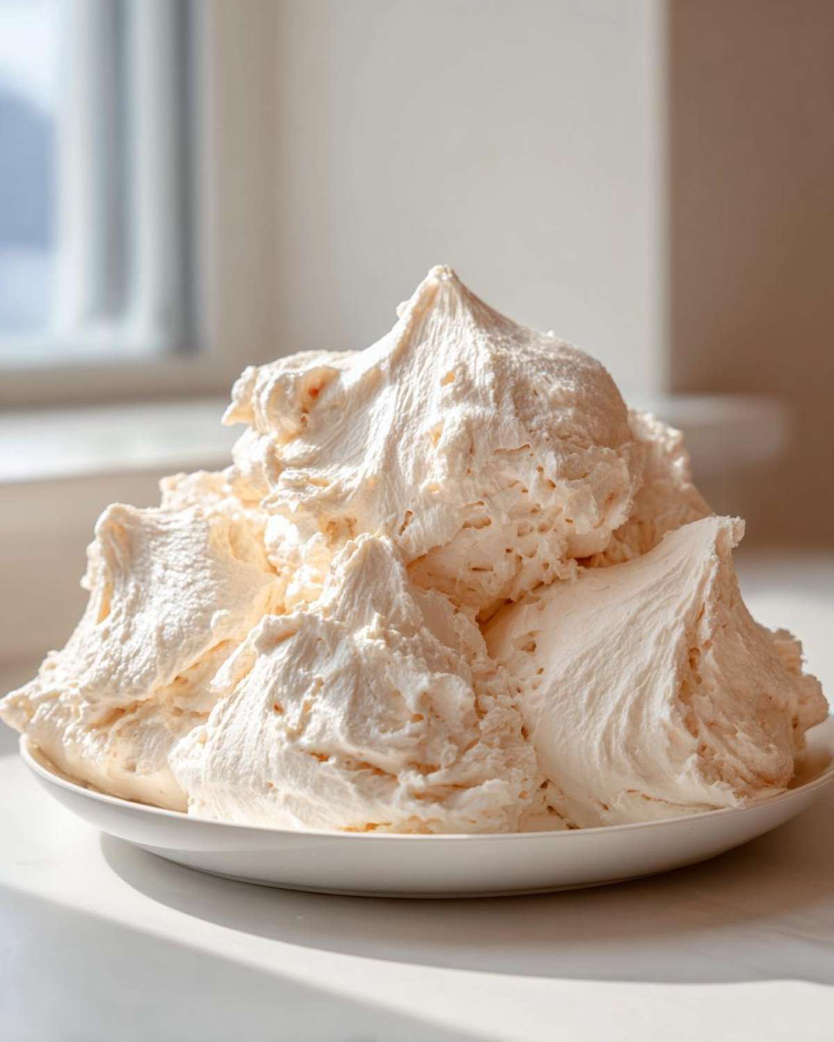 A generous mound of freshly whipped, fluffy vanilla buttercream frosting piled high on a white plate.