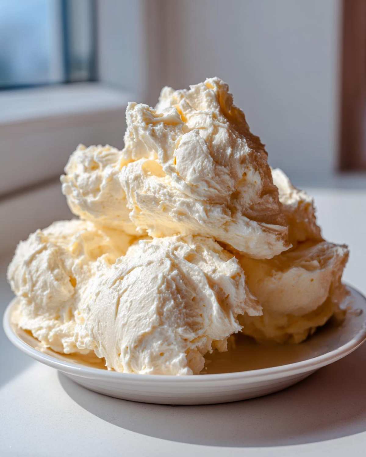 A mound of freshly made, fluffy vanilla buttercream frosting piled high on a small white plate.