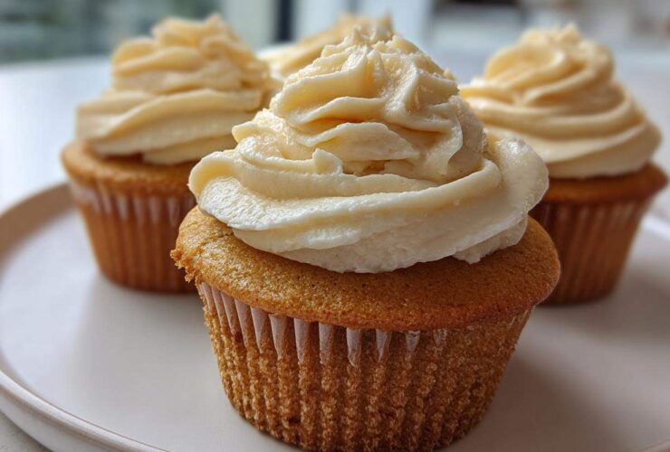 A close-up photograph of several moist vanilla cupcakes topped with a generous swirl of light cream-colored frosting.