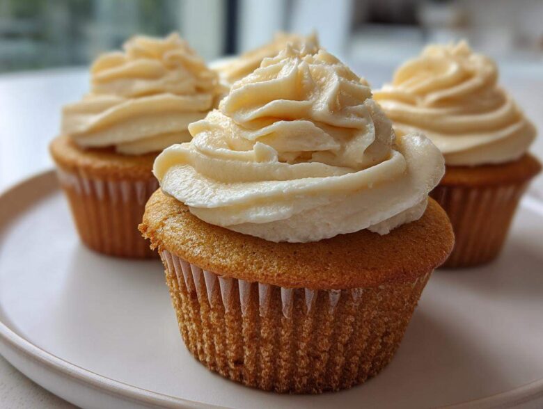 A close-up photograph of several moist vanilla cupcakes topped with a generous swirl of light cream-colored frosting.