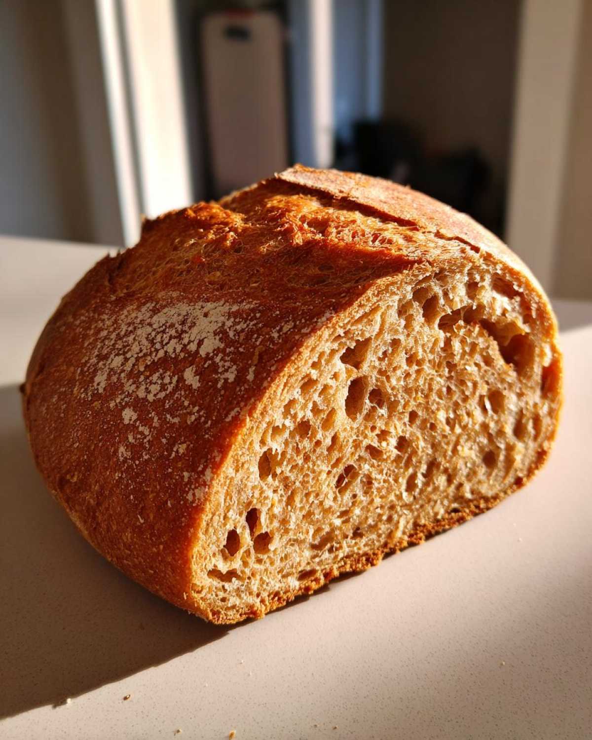Cross-section of a rustic loaf showing the open, airy crumb structure of the whole wheat bread.